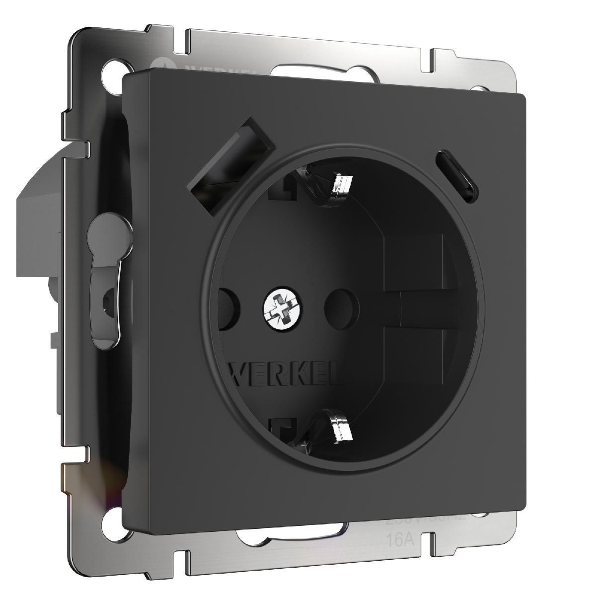 Розетка с заземлением, шторками и USB тип A+C (черный матовый) W1171708