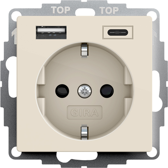 Gira S-55 Крем глянц Розетка с з/к, шт, с USB двойн.A /C
