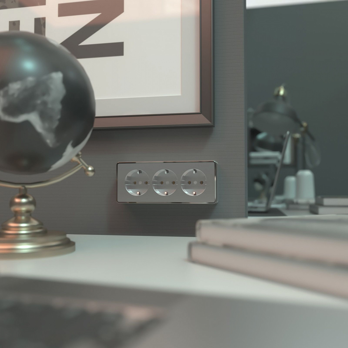 Розетка тройная с заземлением и шторками Gallant серебряный W5073106